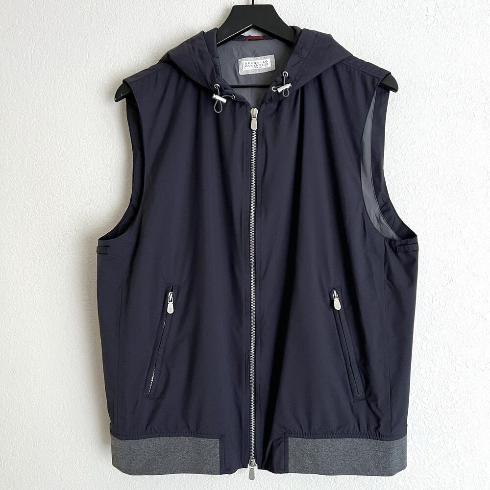 Brunello Cucinelli Navy Hooded Gilet Vest Size XL